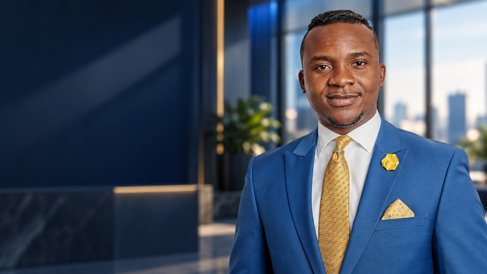 Editorial portrait of Isuamfon Williams with an AI-created executive setting